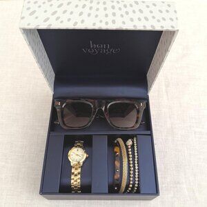 Accessory Gift Set Tortoise Sunglasses Goldtone Watch Bracelets Decorative Box